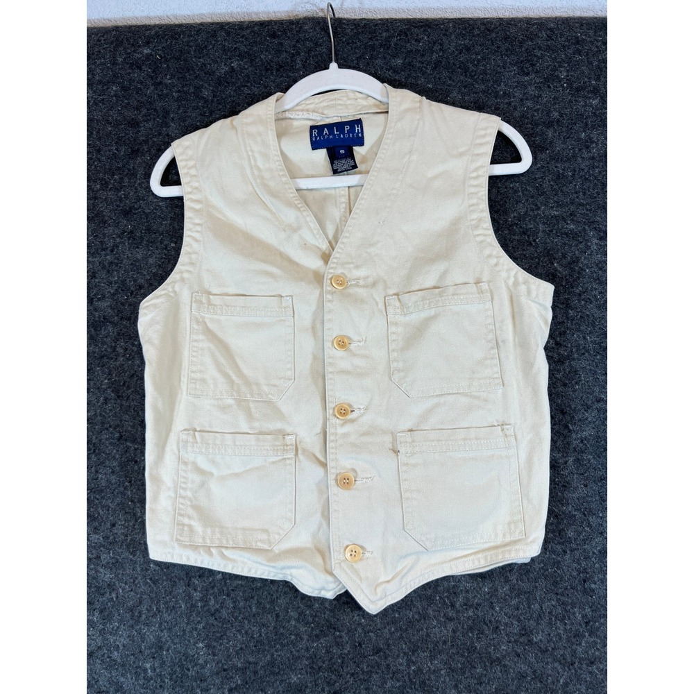 Vintage 80s Ralph Lauren Safari Vest Cream Cotton Canvas Womens Small Union Made
